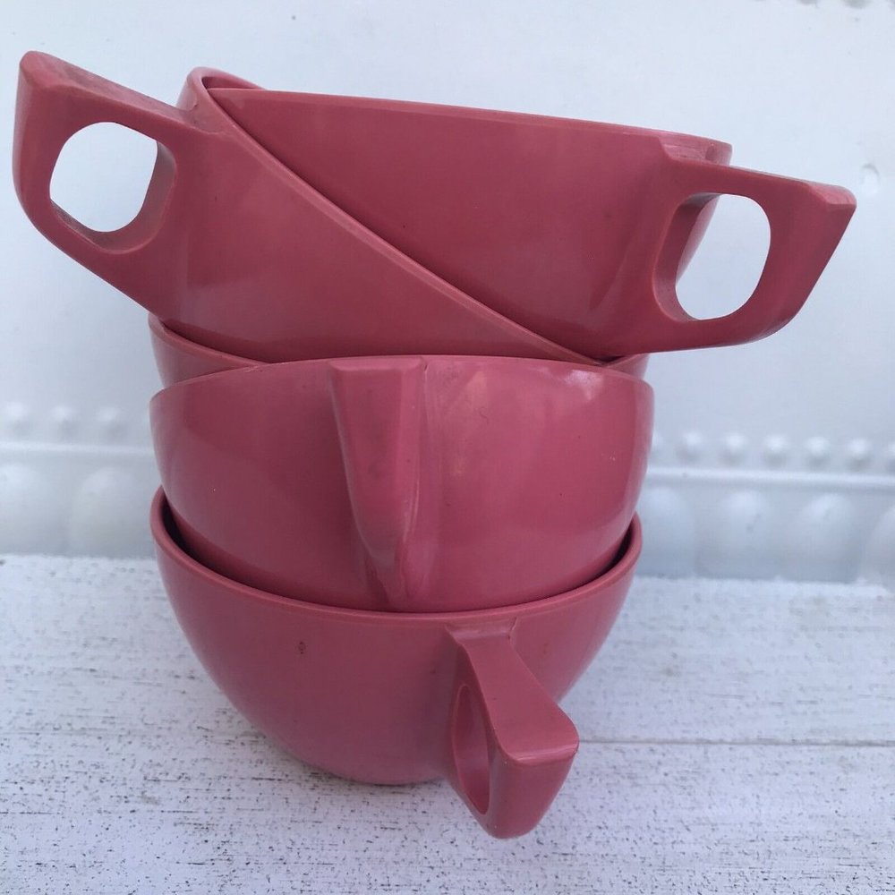 5 VTG MCM 60s HTF Pink Sun Vly Melmac Coffee Tea Cups Kitchen Drink Ware Diner